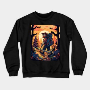 Boy trekking in the woods with a beautiful sunset effect Crewneck Sweatshirt